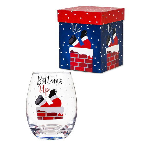 Xmas Stemless Wine Glass Santas Bottoms Up Gift Boxed