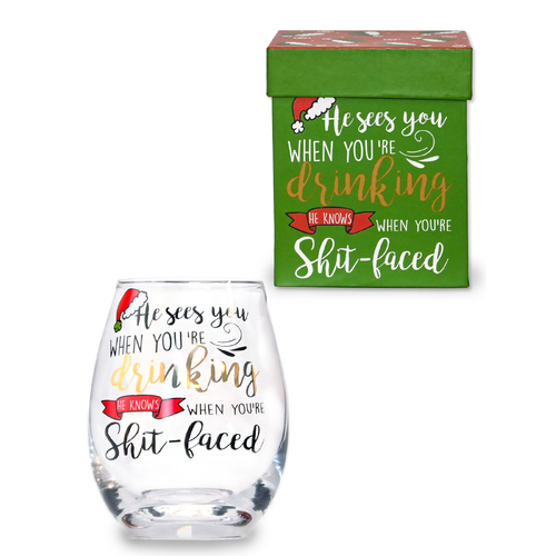 Xmas Stemless Wine Glass  He Sees You Gift Boxed great gift