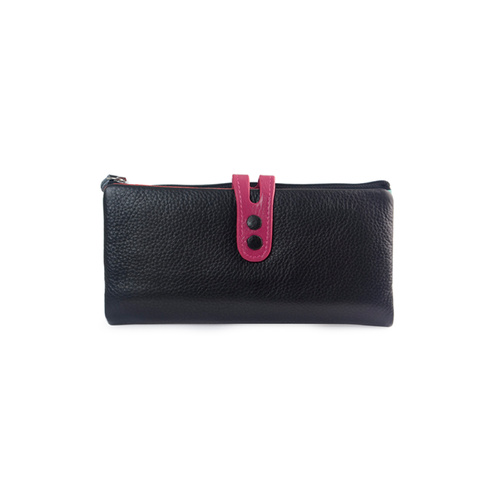 Black Wallet Genuine Leather Fashionable Multi Button Pink Excelent Mid Sized Purse Wallet