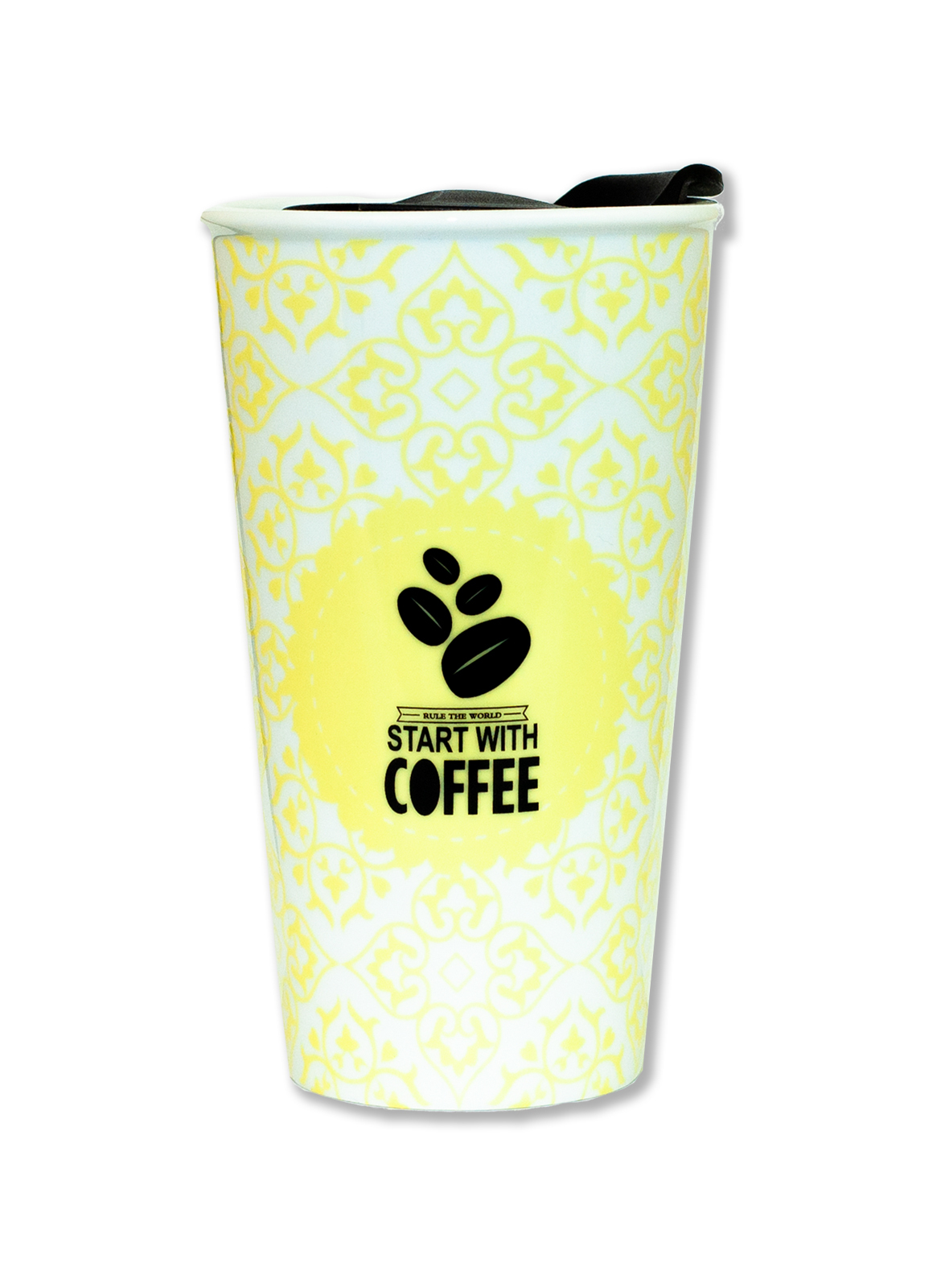 Ceramic Travel Mug Dual wall insulated Start With Coffee Tamboril