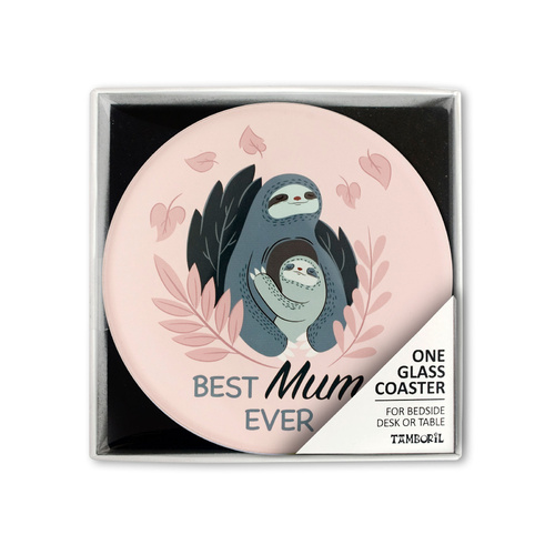 Glass Drink Coaster Best Mum Ever Hugs Sloth Gift Boxed Perfect Gift For Mum