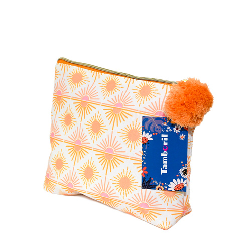 Quality Travel Cosmetic Bag Sunburst with Orange Pom Pom