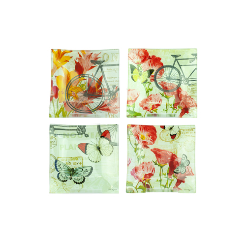 Floral Botanical Butterfly & Bikes Glass Plates Tea Party Set of 4