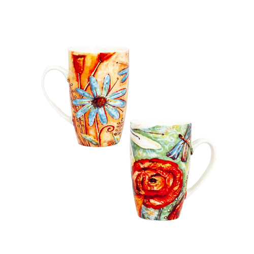Ceramic Mug Floral Dragon Fly & Butterfly Twin Set