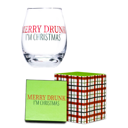 Xmas Stemless Wine Glass Merry Drunk Gift Boxed