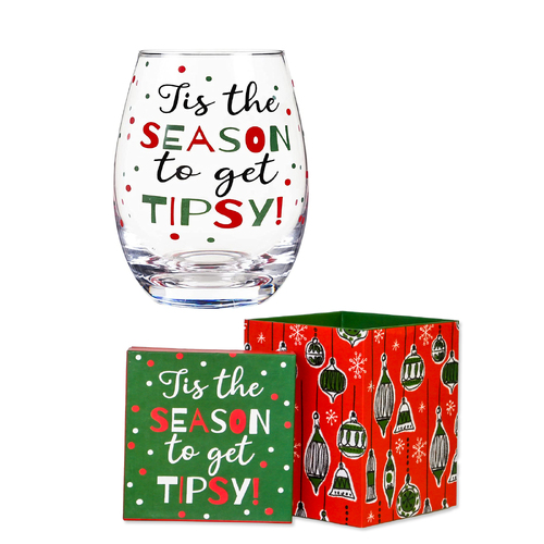 Xmas Stemless Wine Glass Tis The Season Gift Boxed