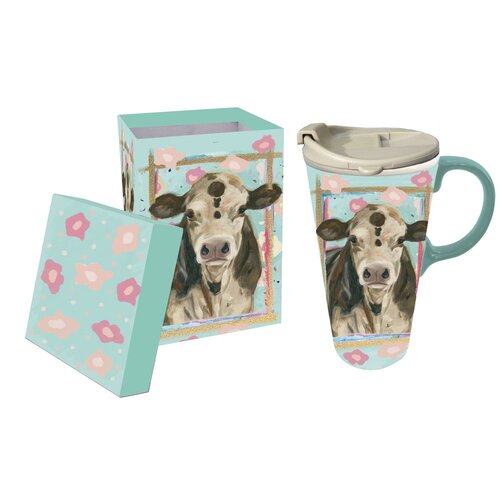 Ceramic Travel Mug with metallic accents Myrtle the Cow