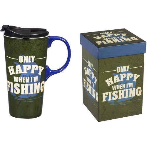 Ceramic Travel Mug with gift box Only Happy When I'm Fishing Great gift for Dad
