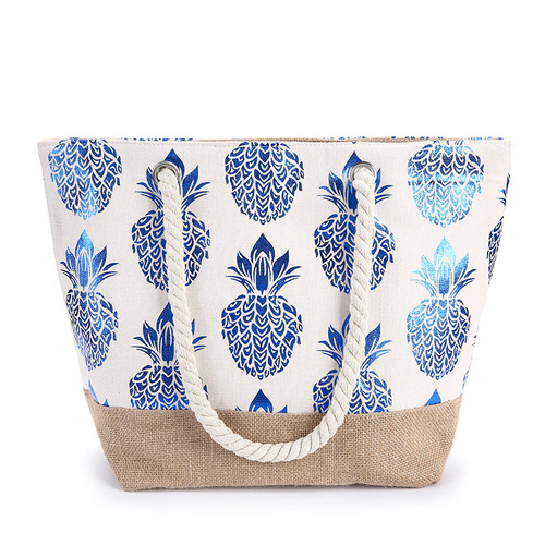 LIMITED STK - Beach Shopping Tote Bag with Glitter Highlight Blue Pineapple Top Zipper 