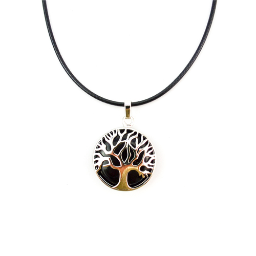 Tree of Life Polished Gemstone Necklace Pendant Black Onxy