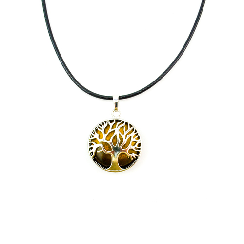 Tree of Life Polished Gemstone Necklace Pendant Tigers Eye