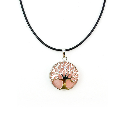 Tree of Life Polished Gemstone Necklace Pendant Rose Quartz